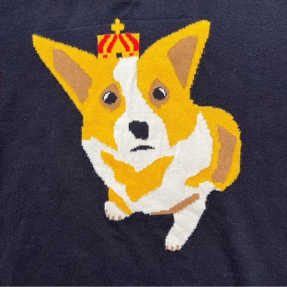 French Connection Sweater Corgi Dog Women's Size Large Navy Blue Crewneck - Picture 5 of 6